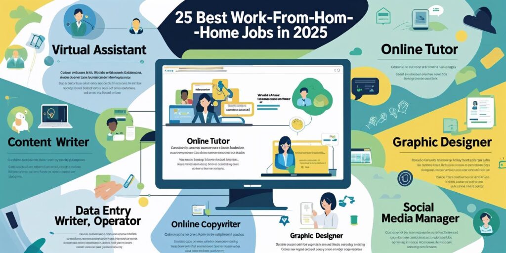 25 best work from home jobs in 2025 (with features) virtual assistant (va), online tutor, content writer copywriter, data entry operator, graphic designer, social media manager