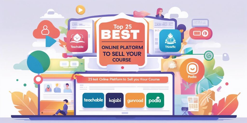 top 25 best online platforms to sell your course,teachable,thinkific,kajabi,gumroad, podia