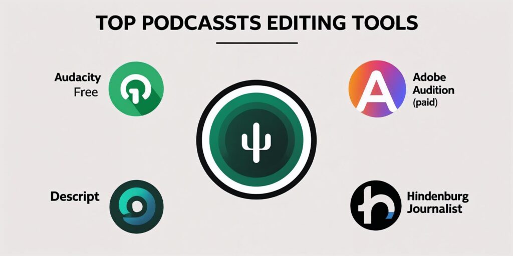 top editing tools for podcasters audacity (free), adobe audition (paid), descript, hindenburg journalist