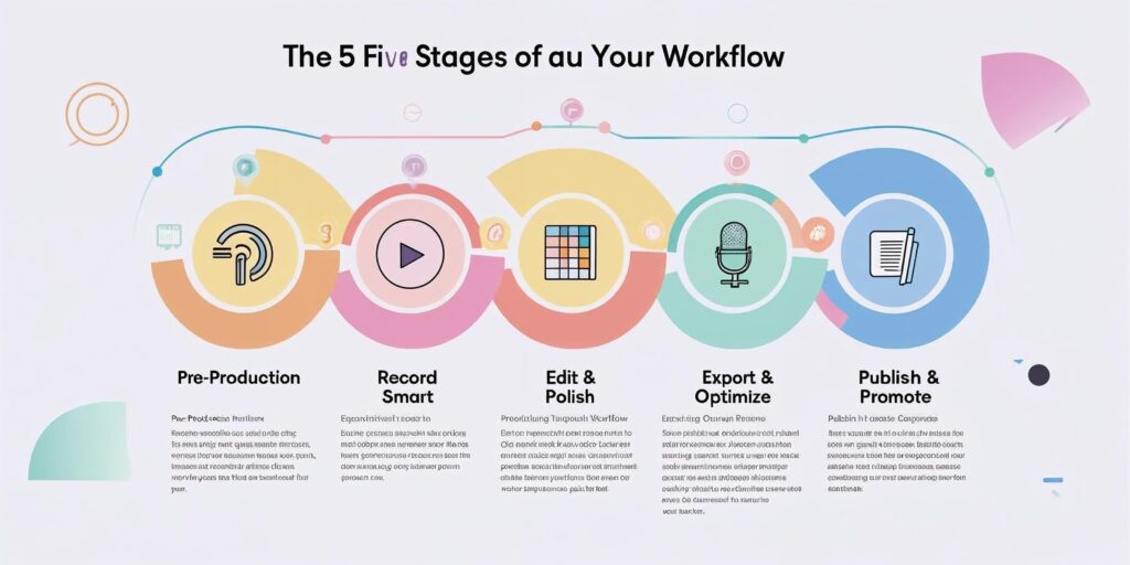 workflow from recording to publishing step 1 pre production, step 2 record smart,step 3 edit & polish,step 4 export & optimize,step 5 publish & promote