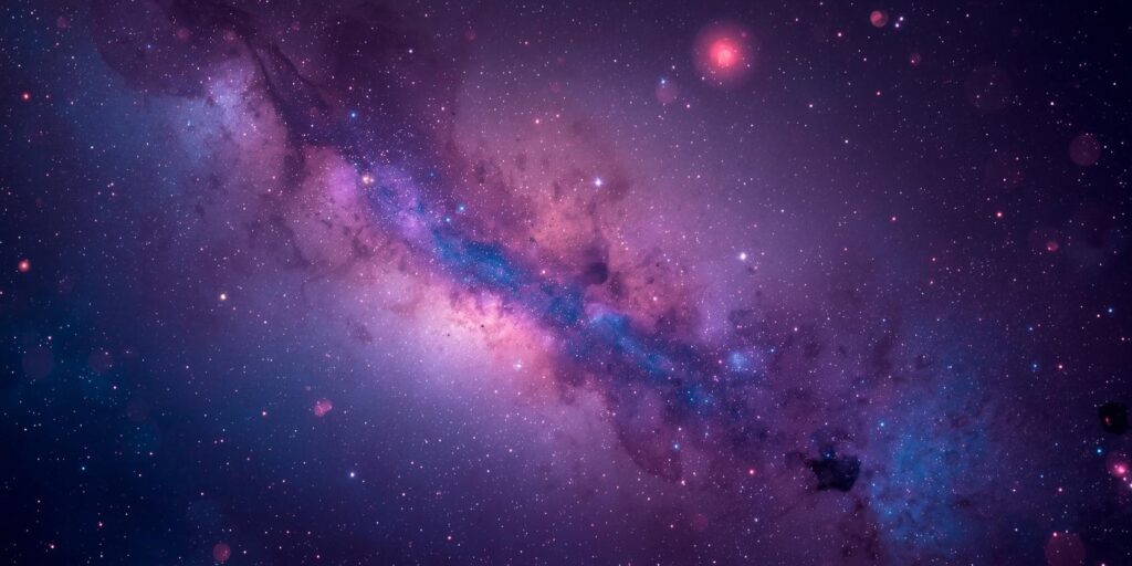 A galaxy background with thought bubbles