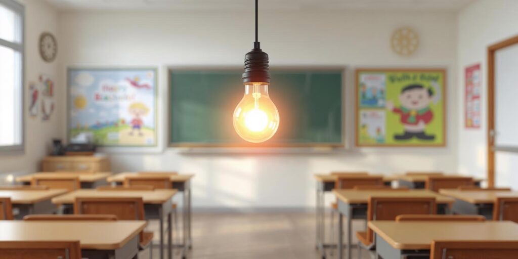 A glowing lightbulb in an animated classroom
