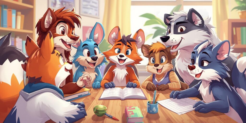 cartoon animals learning together