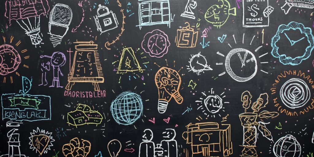 Chalkboard covered in doodles