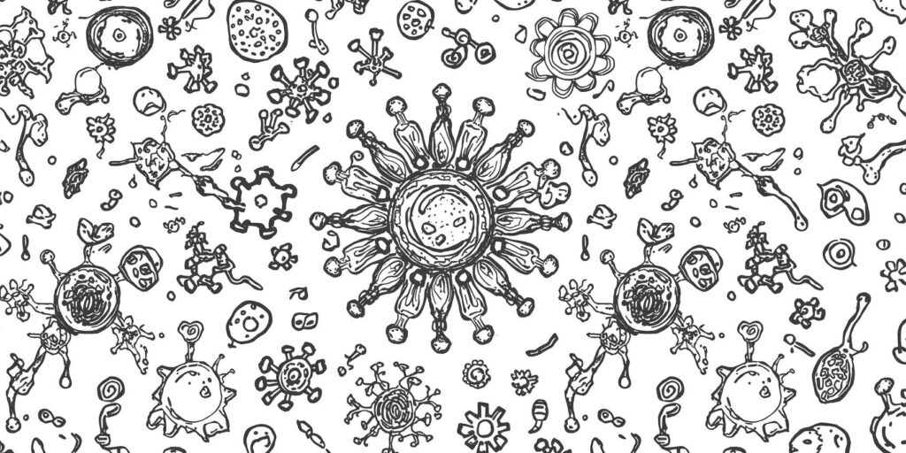 Hand-drawn doodles of cells and atoms