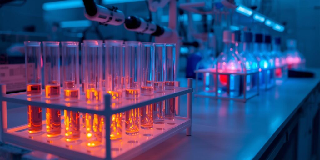 Lab setup with glowing test tubes