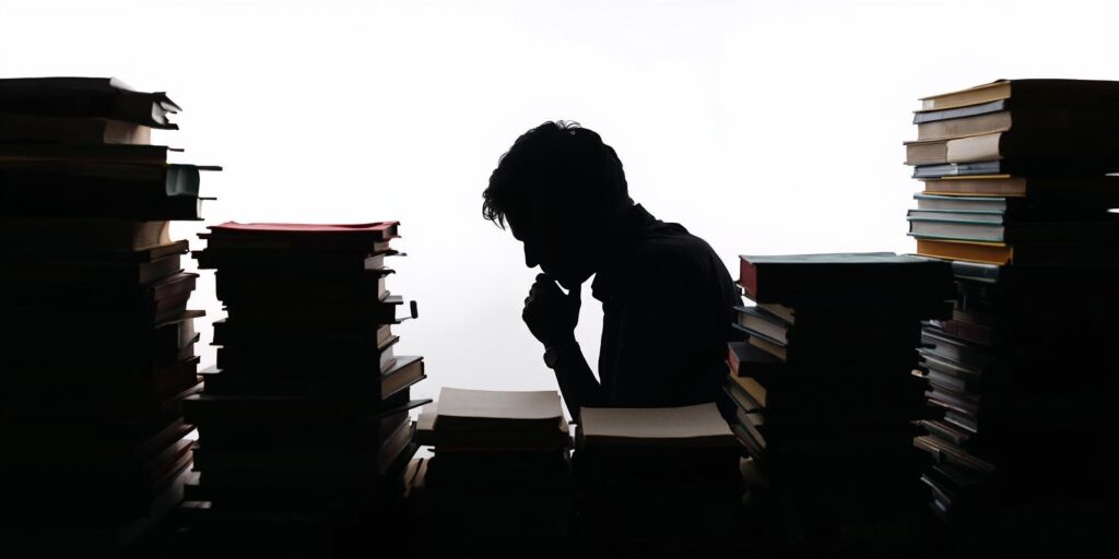 Silhouette of a thinker surrounded by books