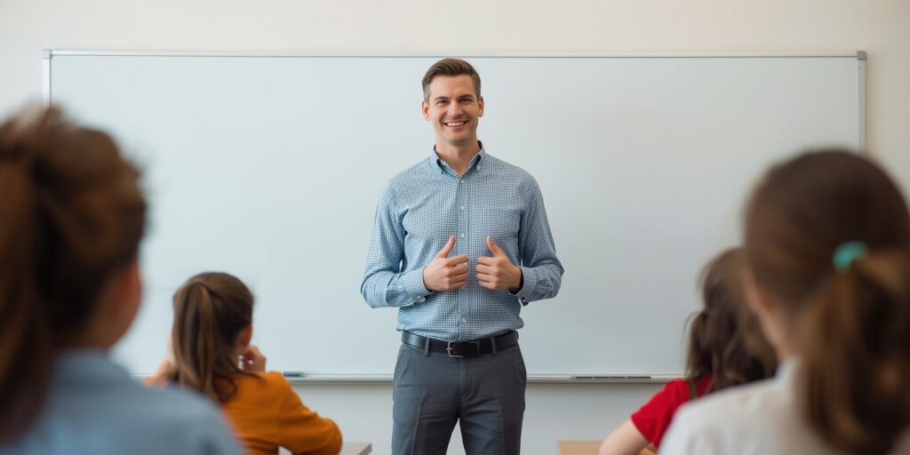 teacher in front of whiteboard