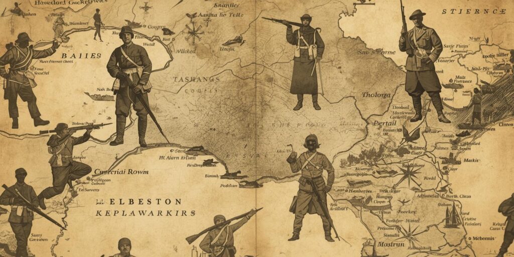 vintage map with soldier silhouettes